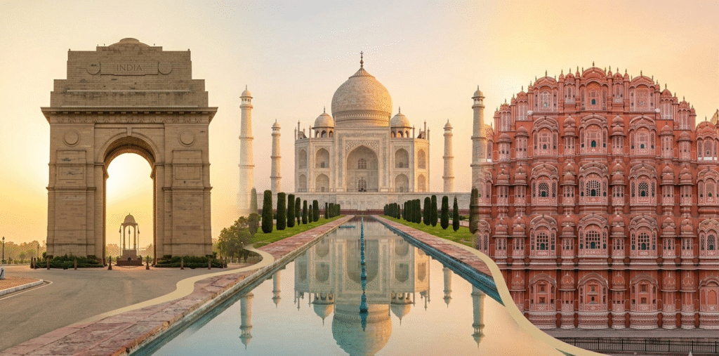 A classic white Ambassador car driving on a scenic road toward a historic fort during an india triangle trip with golden triangle tours india.