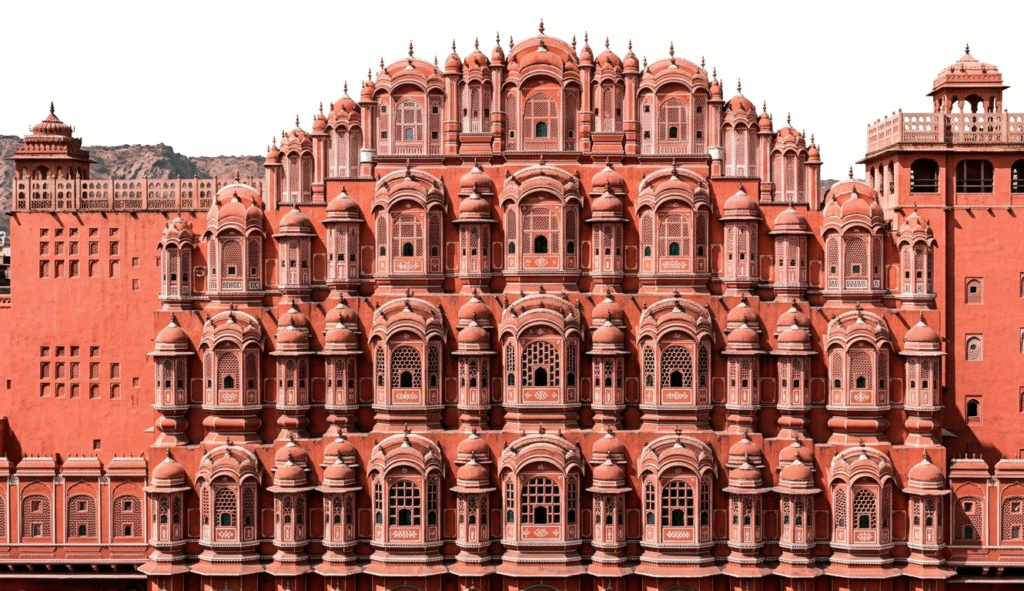 Hawa Mahal Jaipur Pink City facade with intricate honeycomb windows and terracotta stone architecture.