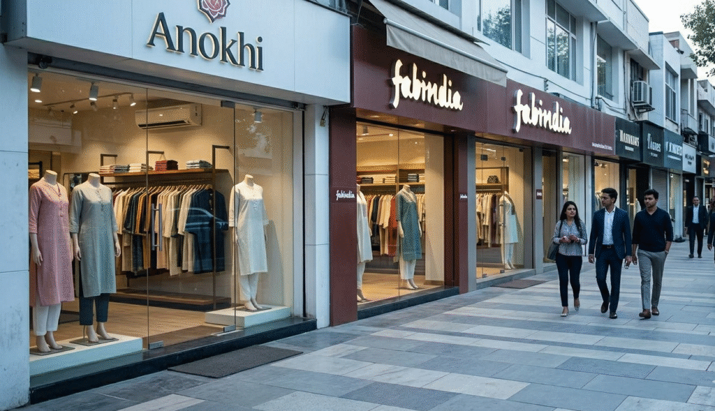 An elegant, street-style photograph taken on a weathered paved pedestrian walkway within Khan Market New Delhi, a key stop on any premium New Delhi Shopping Tour. The aesthetic is sophisticated and minimalist, captured in cool, clear light on an overcast day. Sleek, high-resolution glass storefronts for premium brands like 'Anokhi' and 'Fabindia' exhibit subtle, high-quality cotton apparel, integrated with real-world infrastructure like potted plants and power lines. Well-dressed people in realistic, casual clothing stroll leisurely, reflecting the calm, upscale ambiance.