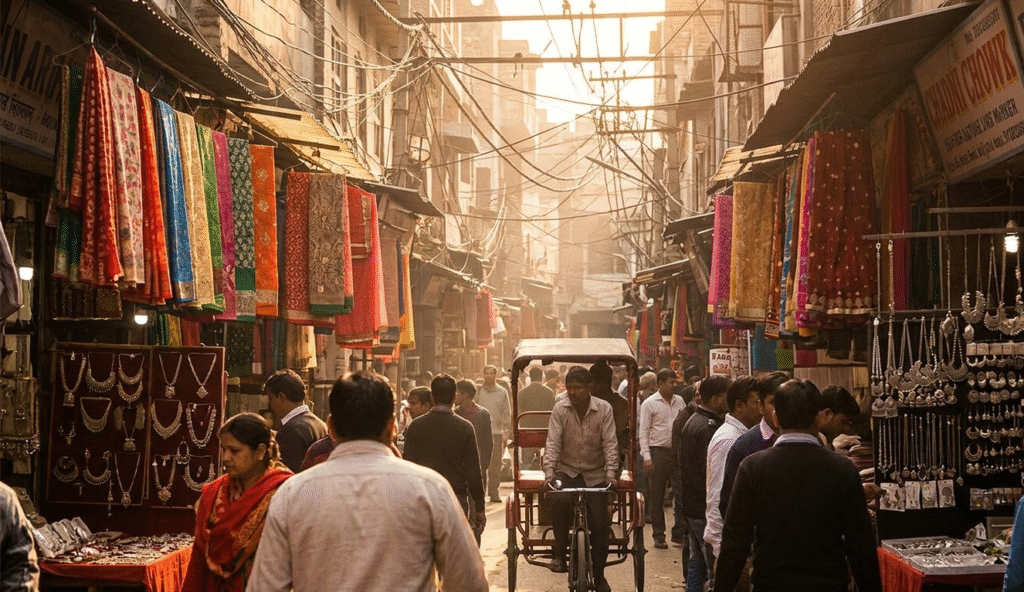 A documentary-style photograph taken on a heavily overcast afternoon, looking down a narrow, congested alley of Chandni Chowk, deep within a traditional New Delhi Shopping Tour itinerary. Soft, diffuse, gray ambient light filters through a dense overhead mesh of black electrical wires and weathered tarpaulins. Multiple cycle rickshaws, showing real-world wear, navigate the rough, uneven pavement. Small, ancient shops display muted, colorful fabrics, old silver trinkets, and grains, illuminated by weak, warm incandescent bulbs, capturing the raw textures and authentic, unposed chaos of Old Delhi.