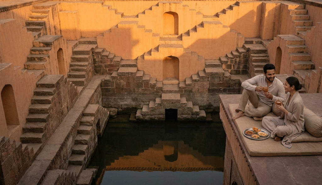 Luxury Rajasthan tours featuring a private sunset sundowner at the geometric Panna Meena Kund in Jaipur.