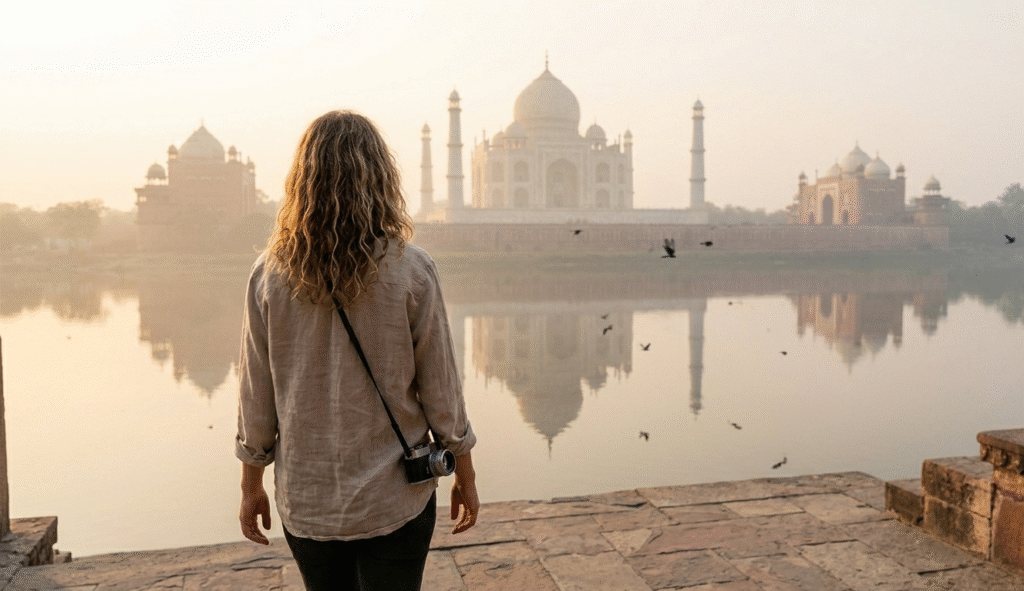 A traveler walking along the Yamuna riverbank at dawn, viewing the taj mahal city and the wonder of the world in india.