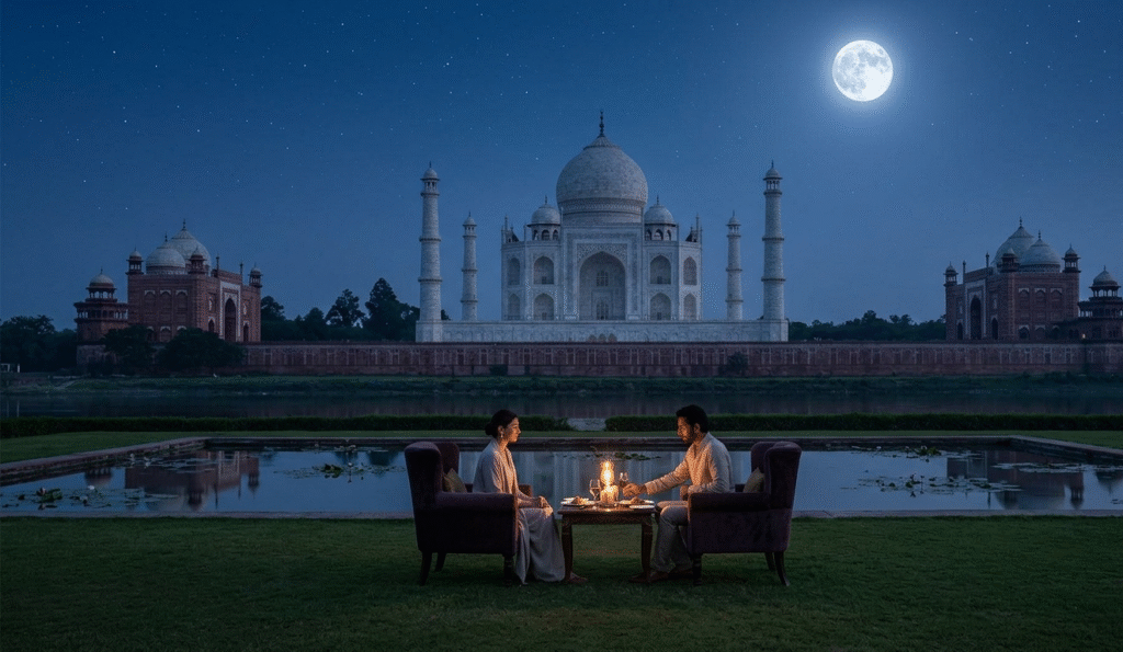 Elite travelers enjoying a private moonlight dinner with a view of the Taj Mahal at night time.