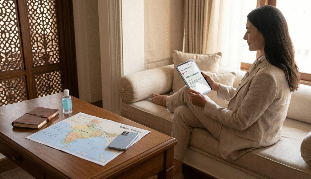 A traveler reviewing her india e visa and india visa for us citizens documentation at a natural wooden table before her trip to india