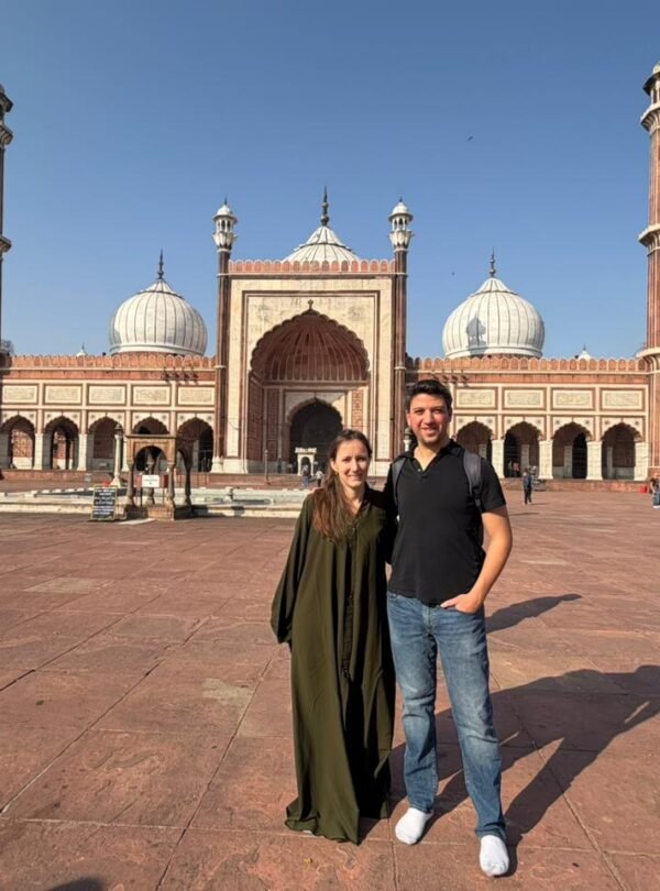 Travelers visiting Jama Masjid in Old Delhi on a Golden Triangle Tour with Varanasi
