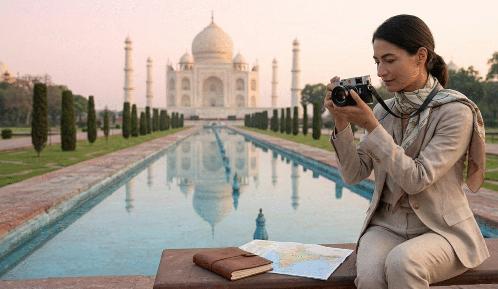 A Taj Explorer consultant and a traveler collaborating on a custom india travel itinerary and golden triangle india itinerary.