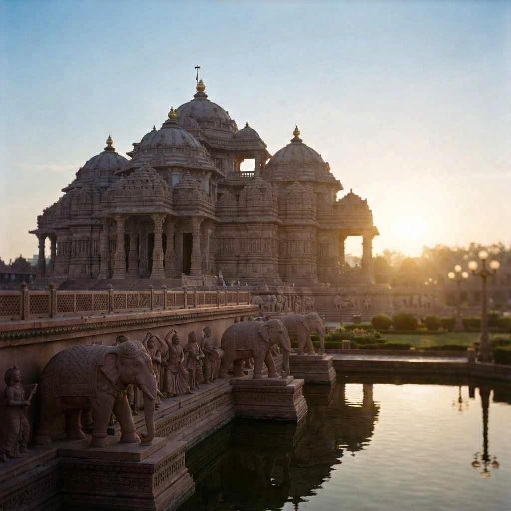 A cinematic wide shot of the Akshardham Temple in New Delhi at sunrise. The intricate pink sandstone domes and spires are bathed in golden morning light, reflecting softly in the surrounding water. In the foreground, life-sized stone elephants of the Gajendra Pith line the temple base.