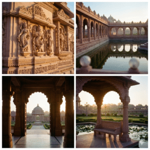 Top Left: Close-up of intricate stone carvings on the temple wall, featuring deities and dancers illuminated by warm, side-lit sunlight. Top Right: A perspective shot through a sandstone colonnade overlooking the reflective water of the Narayan Sarovar. Bottom Left: Looking through a grand carved stone archway toward a smaller dome, showing the interlocking stone architecture. Bottom Right: A serene view of a carved stone pavilion and bench by a lily pond, with a soft morning haze in the background.