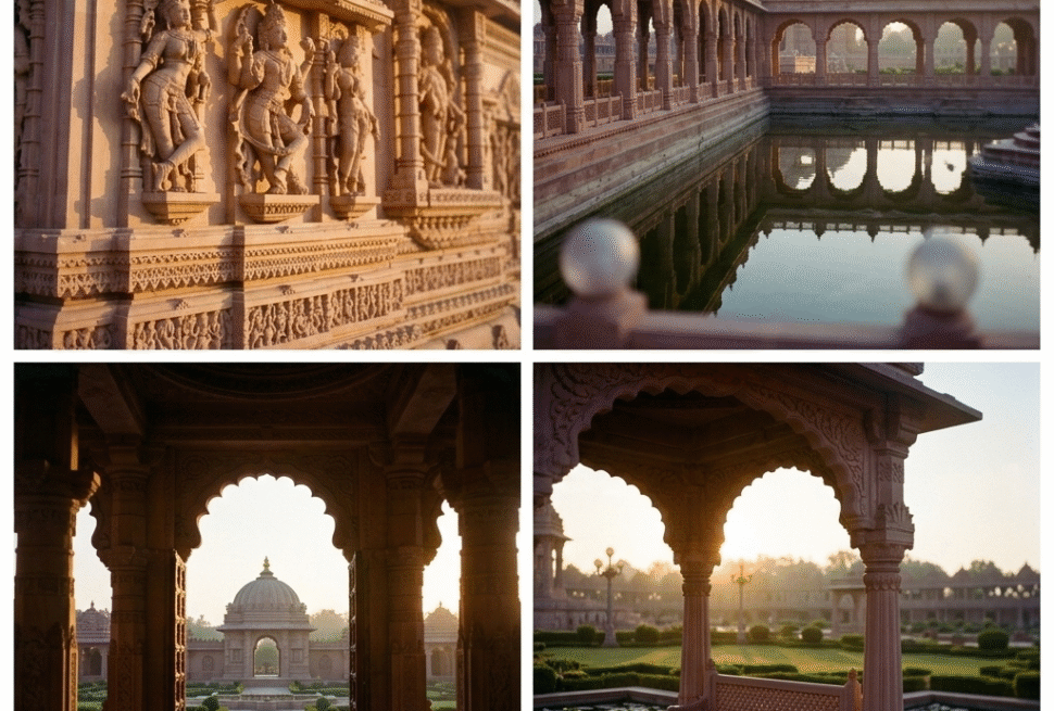 Top Left: Close-up of intricate stone carvings on the temple wall, featuring deities and dancers illuminated by warm, side-lit sunlight. Top Right: A perspective shot through a sandstone colonnade overlooking the reflective water of the Narayan Sarovar. Bottom Left: Looking through a grand carved stone archway toward a smaller dome, showing the interlocking stone architecture. Bottom Right: A serene view of a carved stone pavilion and bench by a lily pond, with a soft morning haze in the background.