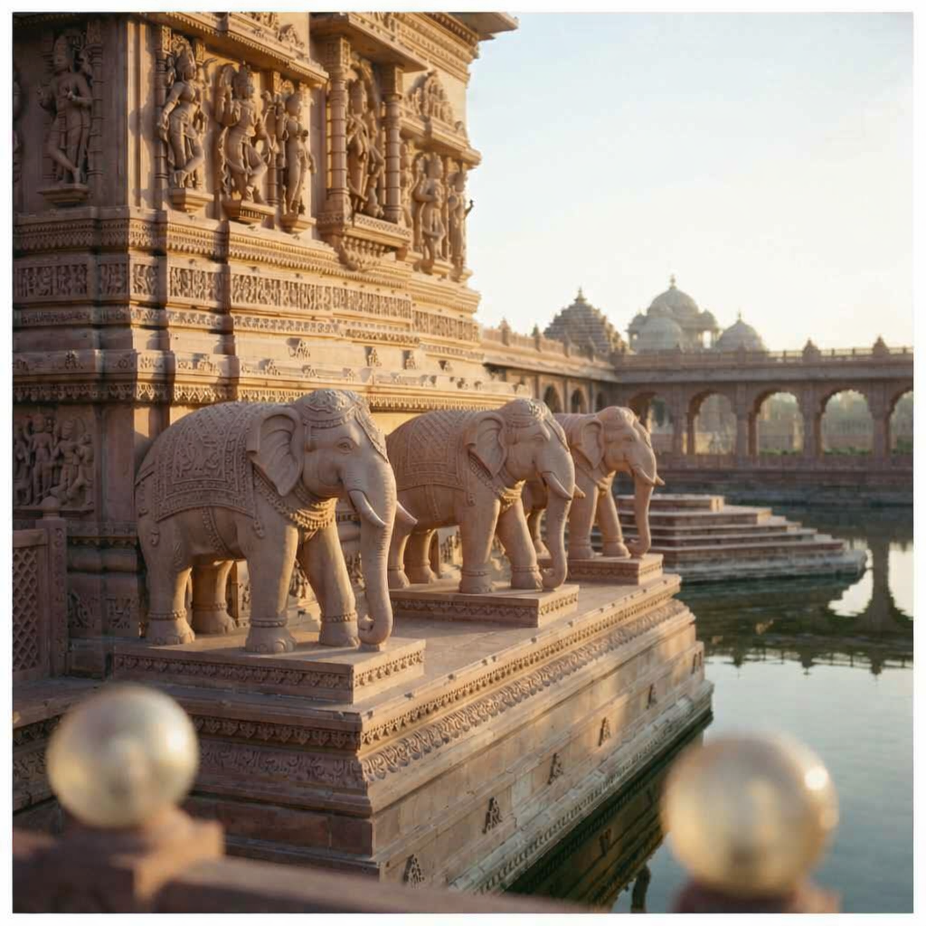 A detailed cinematic shot of the Gajendra Pith at Akshardham Temple. Life-sized stone elephants are carved into the sandstone plinth above the water, with intricate relief carvings of figures above them. The scene is captured with a shallow depth of field and warm, golden hour lighting.