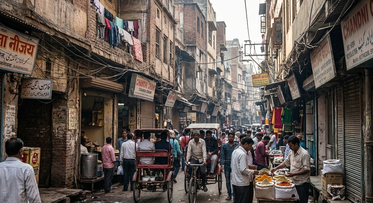 Bustling, chaotic street scene in Old Delhi near Chandni Chowk, showing a cycle rickshaw navigating a narrow alleyway with spice vendors and historic buildings. The dynamic start of an India triangle itinerary.