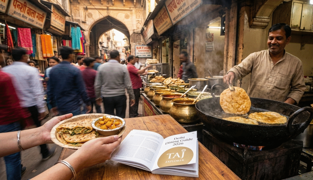 A high-resolution, realistic wide shot of a bustling street food stall in Paranthe Wali Gali, Old Delhi. In the foreground, a wooden table holds a plate of golden-fried stuffed paranthas and spicy potato curry next to an open "Delhi Dining Guide 2026" book featuring the Taj Explorer logo. In the background, a local cook fries flatbreads in a large iron wok (kadai) amidst the historic, narrow stone alleys of Chandni Chowk.