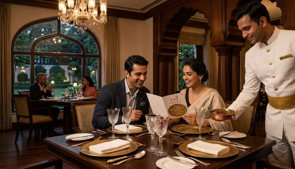 A realistic and elegant interior view of a luxury Mughlai restaurant in New Delhi. A well-dressed couple sits at a candlelit table with fine crystal glassware and gold-rimmed plates. A waiter in a traditional white Nehru jacket with a gold sash serves a rich mutton korma from a copper bowl. A custom menu on the table prominently displays the Taj Explorer logo.