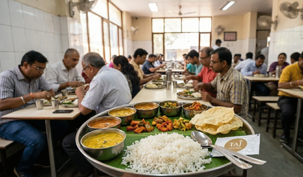 A bright, natural photo of a traditional South Indian Thali served at a regional canteen in Delhi. The large metal tray is lined with a green banana leaf, topped with mounds of white rice, papadums, and several small bowls (katoris) containing colorful curries, sambar, and chutneys. A Taj Explorer branded wet wipe sits on the tray, set against a blurred background of a busy, authentic dining hall with local patrons.