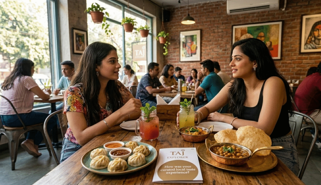 A realistic lifestyle shot of two women enjoying a meal in a trendy, modern Delhi café with exposed brick walls and large windows. The table is spread with a fusion of Delhi favorites, including a plate of steamed momos with spicy dipping sauces and fluffy chole bhature. A feedback card with the Taj Explorer logo rests on the table alongside artisanal fruit coolers.