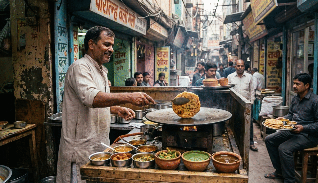 A high-resolution, realistic wide shot of a bustling street food stall in Paranthe Wali Gali, Old Delhi. In the foreground, a wooden table holds a plate of golden-fried stuffed paranthas and spicy potato curry next to an open "Delhi Dining Guide 2026" book featuring the Taj Explorer logo. In the background, a local cook fries flatbreads in a large iron wok (kadai) amidst the historic, narrow stone alleys of Chandni Chowk.