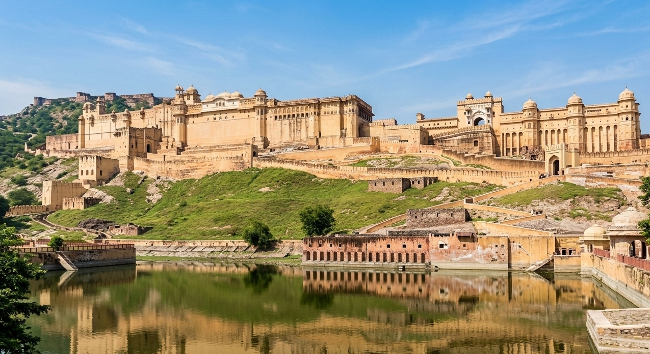 Wide-angle photograph of the Amber Fort (Amer Fort) in Jaipur, perched dramatically on a hill above Maota Lake under a clear blue sky. A majestic final stop on the Golden Triangle itinerary.