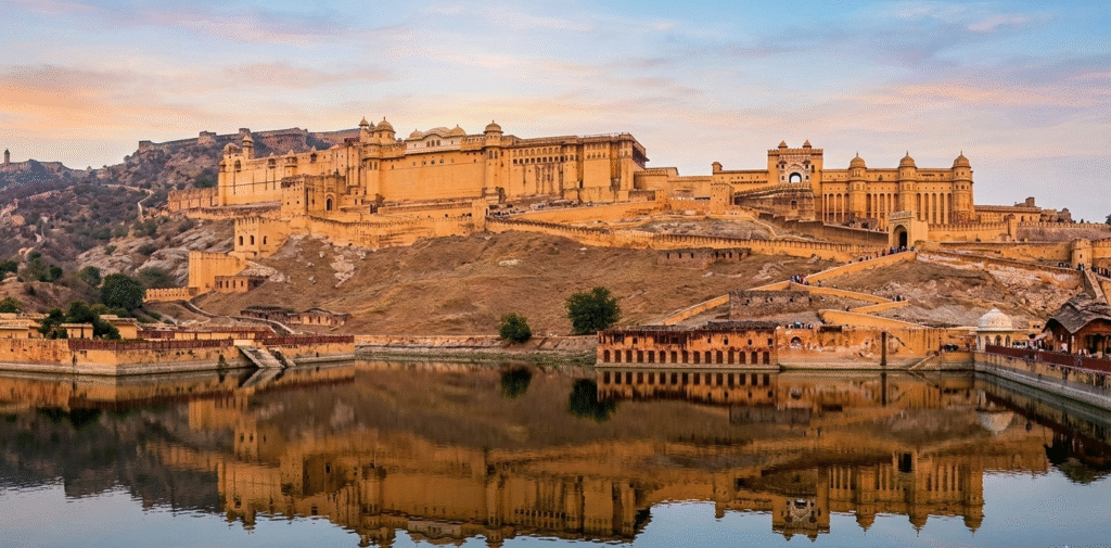 A wide-angle, panoramic view of the massive Amer Fort in Jaipur during sunset. The golden yellow sandstone architecture is perfectly reflected in the calm waters of Maota Lake in the foreground, with the rugged Aravalli Hills and the fortress walls stretching into the distance under a soft, hazy sky.