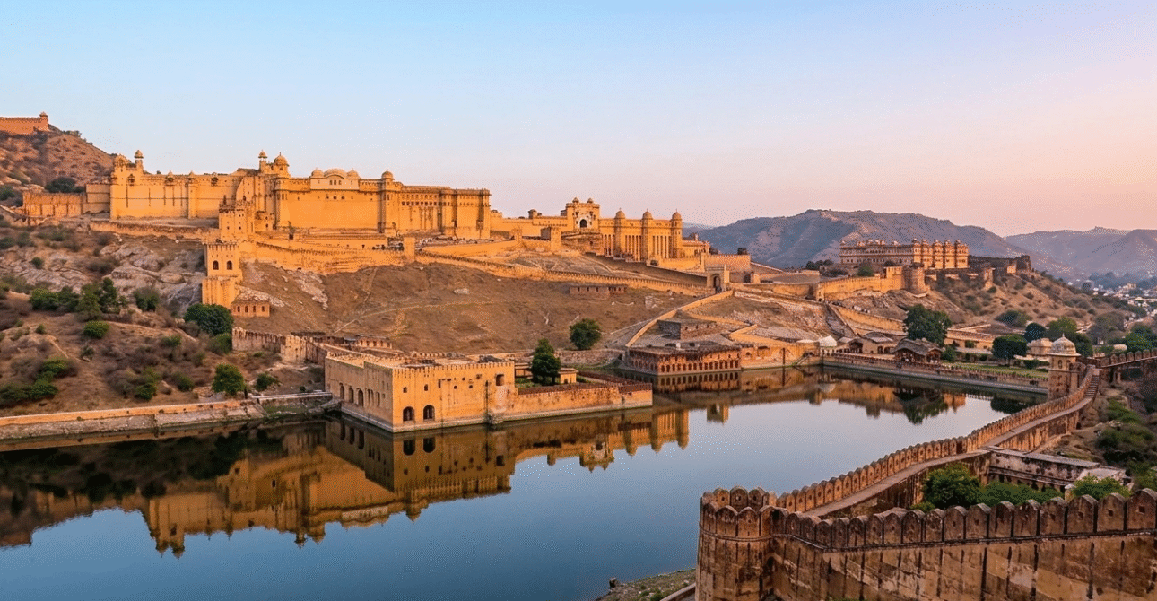 A scenic daytime shot of Amer Fort showing the expansive ramparts and the winding cobblestone path leading up the hill. The fort's majestic structures overlook Maota Lake and the surrounding Kesar Kyari gardens, capturing the grand scale of the UNESCO World Heritage site.