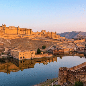 A scenic daytime shot of Amer Fort showing the expansive ramparts and the winding cobblestone path leading up the hill. The fort's majestic structures overlook Maota Lake and the surrounding Kesar Kyari gardens, capturing the grand scale of the UNESCO World Heritage site.