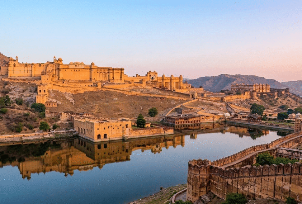 A scenic daytime shot of Amer Fort showing the expansive ramparts and the winding cobblestone path leading up the hill. The fort's majestic structures overlook Maota Lake and the surrounding Kesar Kyari gardens, capturing the grand scale of the UNESCO World Heritage site.