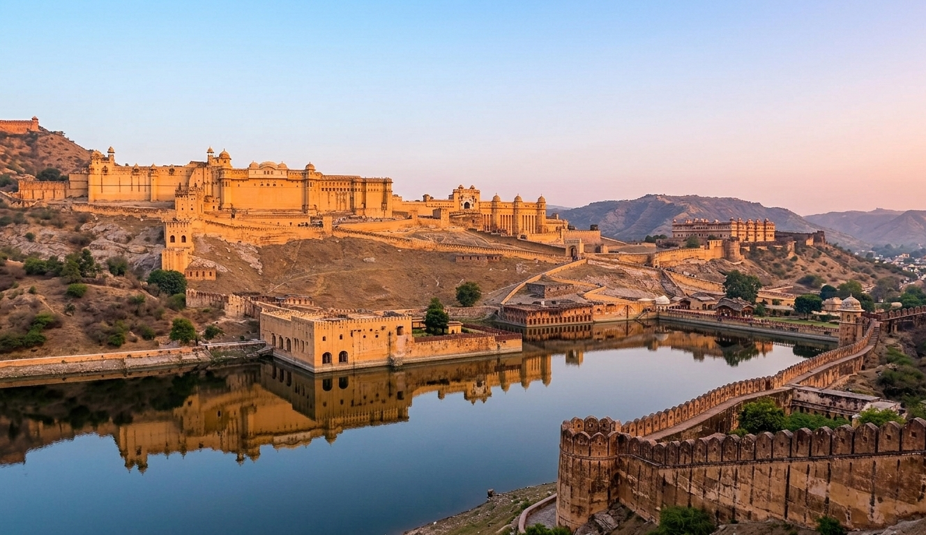 A scenic daytime shot of Amer Fort showing the expansive ramparts and the winding cobblestone path leading up the hill. The fort's majestic structures overlook Maota Lake and the surrounding Kesar Kyari gardens, capturing the grand scale of the UNESCO World Heritage site.