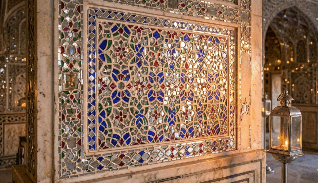 A detailed close-up of the intricate mirror work (Thikri art) inside the Sheesh Mahal (Mirror Palace). The marble walls are adorned with mosaic patterns of colorful glass and mirrors, with a traditional lit lantern in the corner casting a warm, sparkling glow across the reflective surfaces.