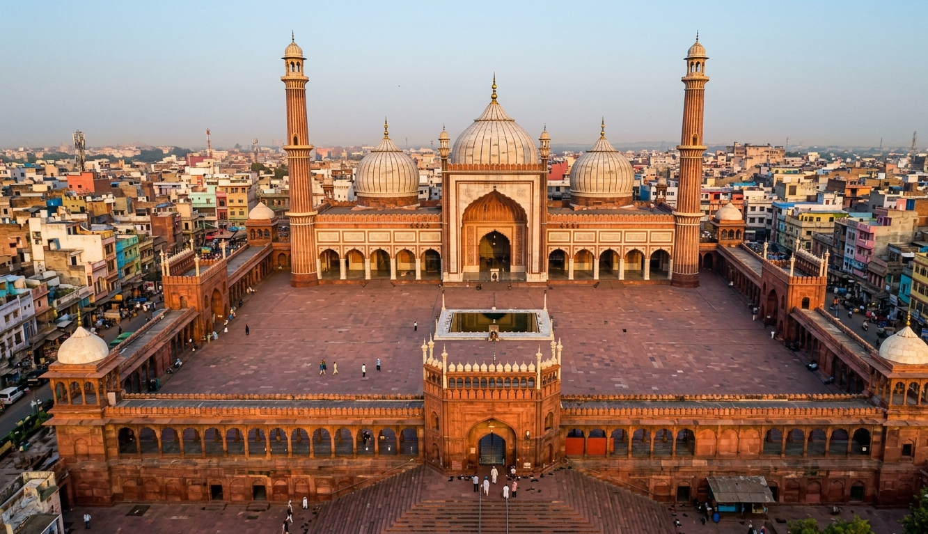 An expansive aerial wide-angle shot of the Jama Masjid in Delhi at sunrise. The massive red sandstone courtyard is nearly empty, highlighting the symmetry of the three white marble domes and two towering minarets against a backdrop of the densely packed Old Delhi cityscape.