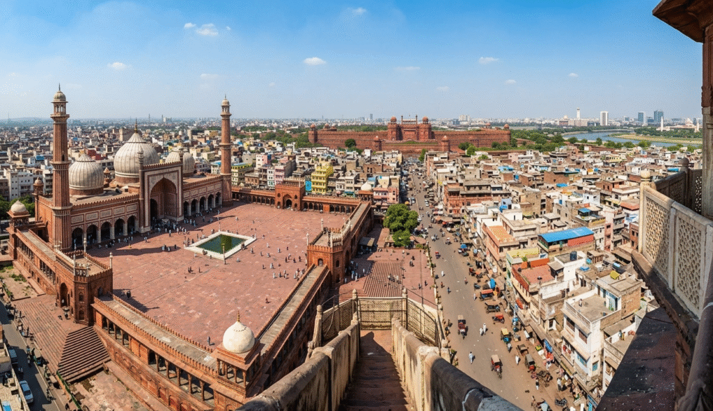 A high-angle perspective taken from the top of the Southern Minaret. The foreground shows the steep stone steps leading down, while the background reveals a panoramic view of the mosque's courtyard, the straight line of Chandni Chowk, and the red walls of the distant Red Fort under a clear blue sky.