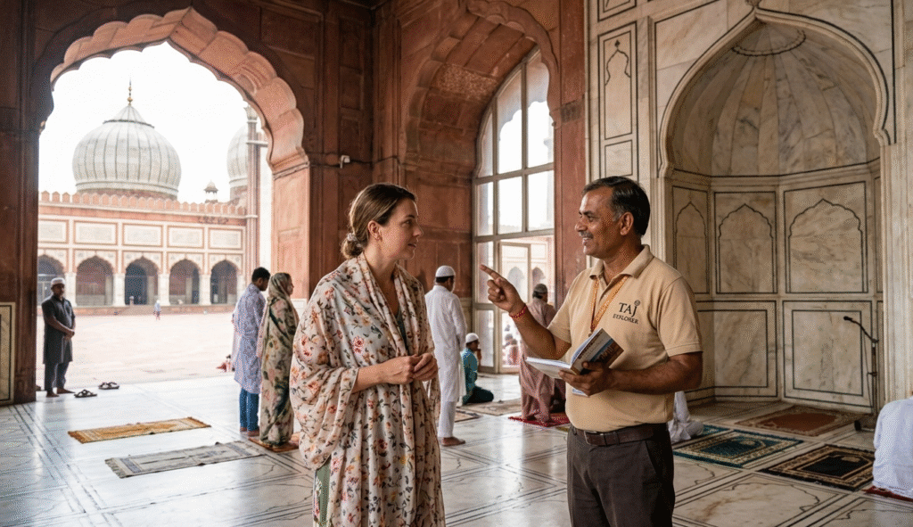 A friendly Taj Explorer tour guide in a tan polo shirt stands inside a marble archway of the mosque, sharing a story with a female traveler. She is dressed respectfully in a floral wrap, and in the blurred background, the iconic domes and the peaceful courtyard are visible through the arches.