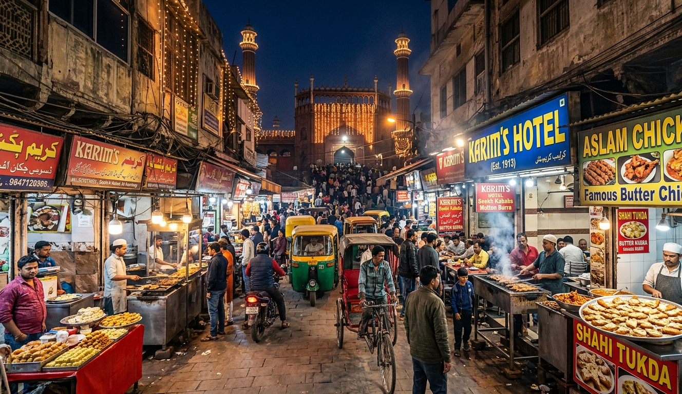 A vibrant, bustling night scene in the Matia Mahal market outside Jama Masjid. Neon signs for "Karim's" and "Aslam Chicken" illuminate the street, where vendors grill kebabs over open flames and golden Shahi Tukda is displayed. A yellow and green auto-rickshaw navigates through a crowd of locals and food enthusiasts.