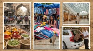 The sequence transitions from the rustic heritage of Old Delhi’s Chandni Chowk and the vibrant Khari Baoli spice market to the high-energy street fashion of Sarojini Nagar. The right side showcases the modern, high-contrast luxury of Select Citywalk Mall in Saket and concludes with a Taj Explorer private tour guide assisting a traveler by loading handcrafted textiles into a premium white SUV.