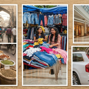 The sequence transitions from the rustic heritage of Old Delhi’s Chandni Chowk and the vibrant Khari Baoli spice market to the high-energy street fashion of Sarojini Nagar. The right side showcases the modern, high-contrast luxury of Select Citywalk Mall in Saket and concludes with a Taj Explorer private tour guide assisting a traveler by loading handcrafted textiles into a premium white SUV.