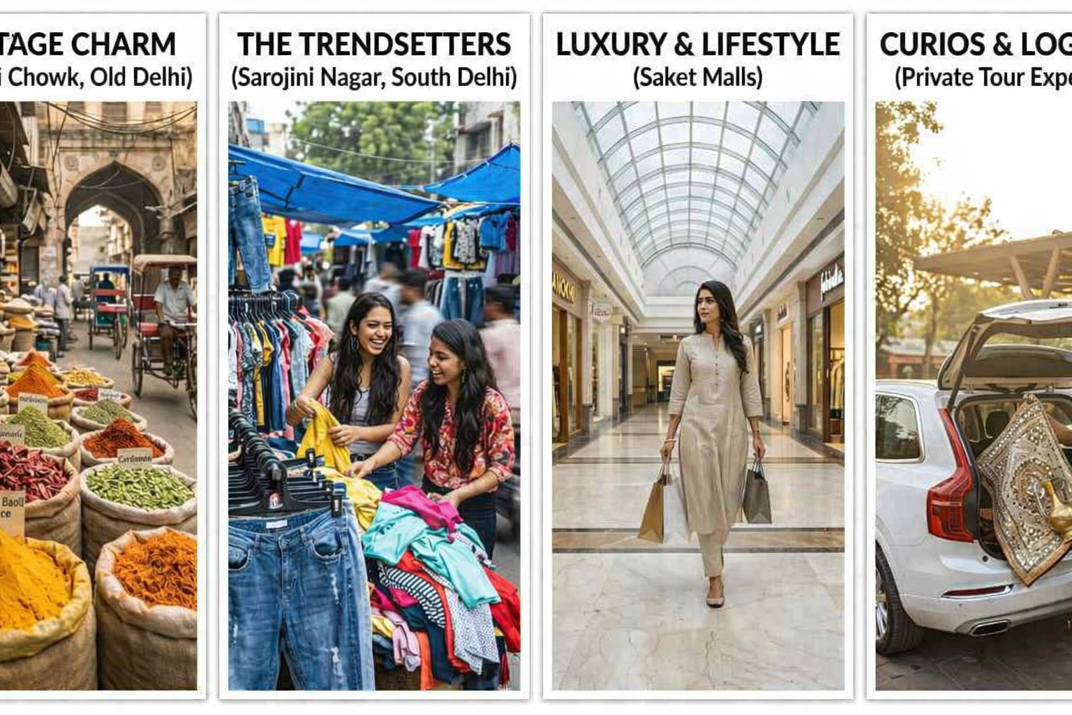 The sequence transitions from the rustic heritage of Old Delhi’s Chandni Chowk and the vibrant Khari Baoli spice market to the high-energy street fashion of Sarojini Nagar. The right side showcases the modern, high-contrast luxury of Select Citywalk Mall in Saket and concludes with a Taj Explorer private tour guide assisting a traveler by loading handcrafted textiles into a premium white SUV.