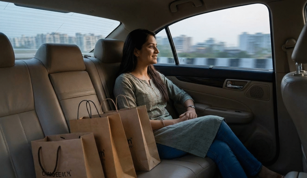 A candid, warm-toned photograph taken inside the plush, real leather rear cabin of a private luxury sedan during twilight, concluding a New Delhi Shopping Tour. A smiling female traveler of South Asian descent, dressed in an everyday kurta and jeans, sits comfortably, looking out the window at the blurred, passing city skyline. Her pose is completely natural and unposed. Next to her on the seat are several authentic, premium paper shopping bags (logos slightly scuffed), emphasizing logical comfort, safety, and logistical ease. The interior shows realistic detail, with soft, ambient natural light sources creating natural highlights on the materials.