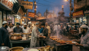 An atmospheric dusk scene near Jama Masjid, focusing on a charcoal grill loaded with skewers of sizzling kebabs, set within a crowded lane.