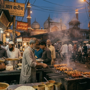An atmospheric dusk scene near Jama Masjid, focusing on a charcoal grill loaded with skewers of sizzling kebabs, set within a crowded lane.