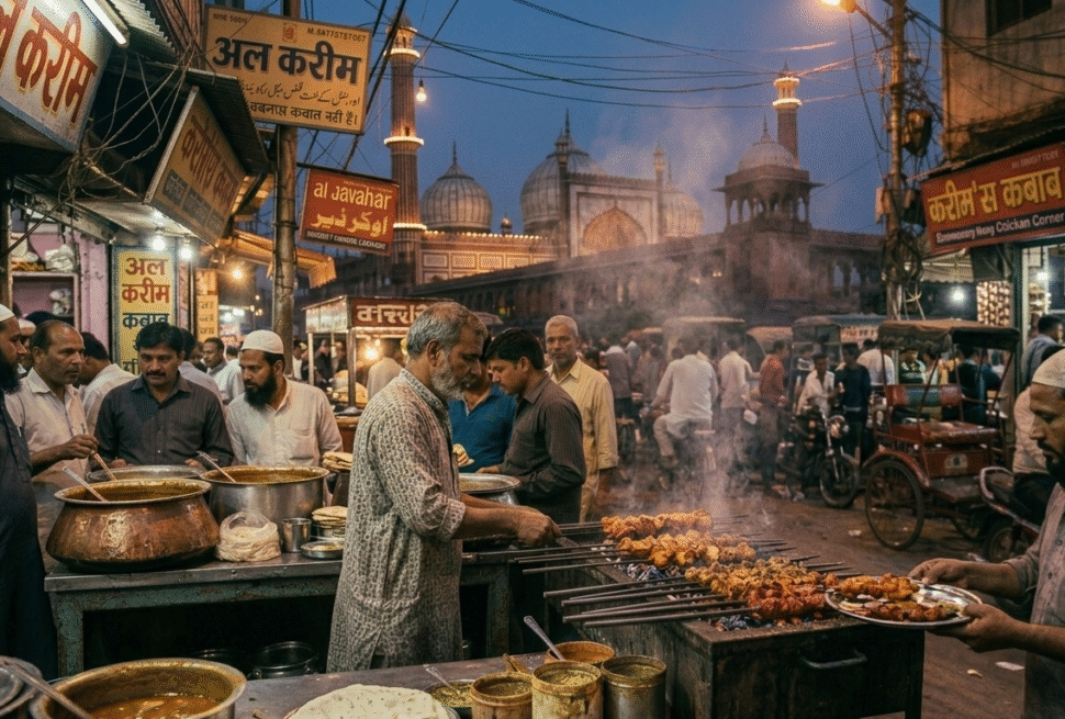 An atmospheric dusk scene near Jama Masjid, focusing on a charcoal grill loaded with skewers of sizzling kebabs, set within a crowded lane.