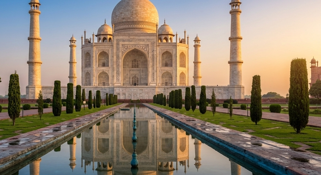 Majestic sunrise view of the Taj Mahal in Agra, reflecting in the central water channel under a warm, golden sky. A key highlight of the Golden Triangle India tour.