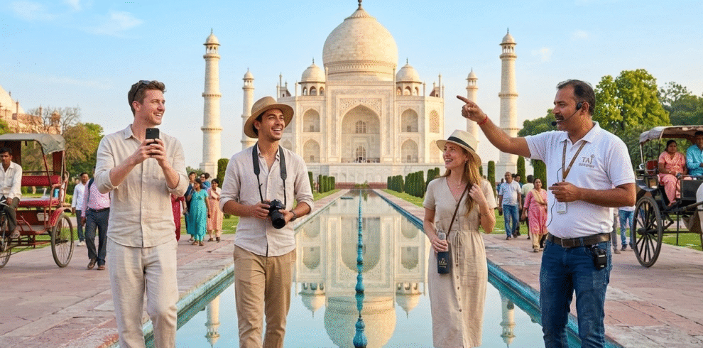 A group of smiling international tourists on a Taj Explorer Same Day Tour at the Taj Mahal, guided by a professional expert pointing out architectural details. The scene represents an efficient, high-quality Delhi to Agra day trip experience.