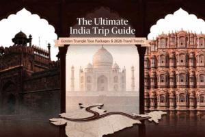 Featured image for 'The Ultimate India Trip Guide' by Taj Explorer. It showcases the Red Fort in Delhi, Taj Mahal in Agra, and Hawa Mahal in Jaipur within a stylized deep maroon and white frame.