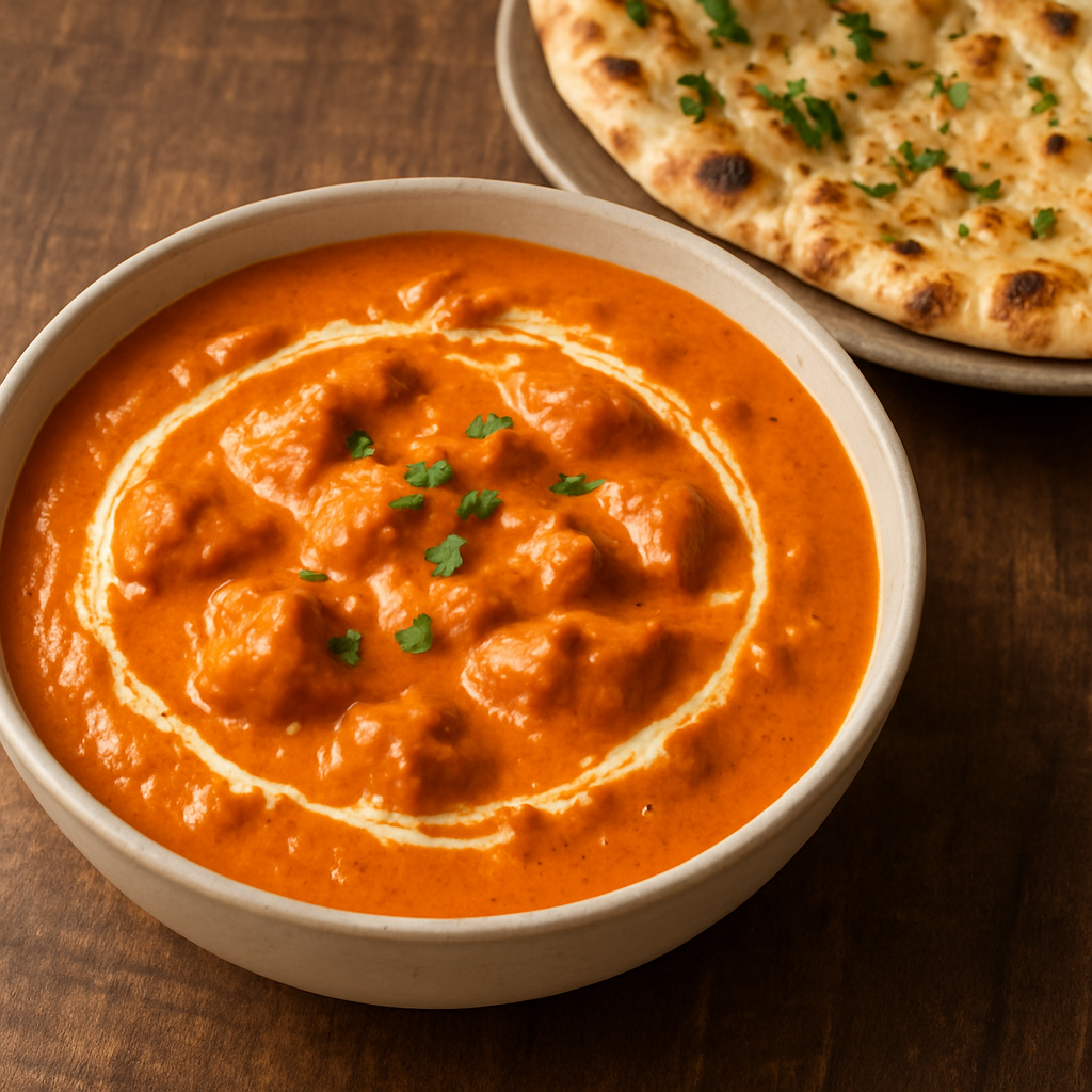 A creamy bowl of authentic Butter Chicken served with garlic naan