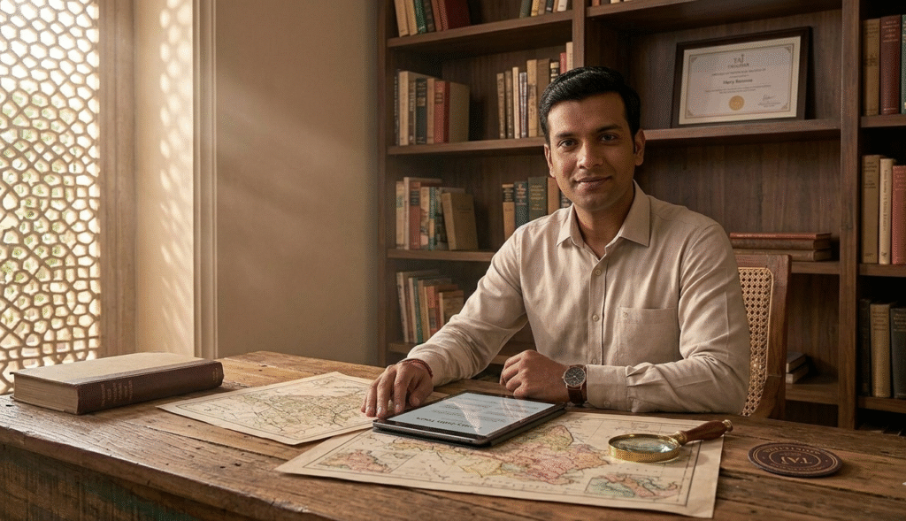 Heritage expert Harry planning a customized India tour at a desk with historical maps and artifacts for Taj Explorer.
