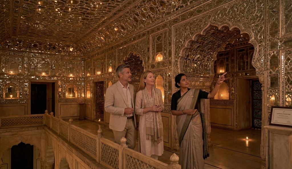 Guests exploring the intricate mirror work inside the Sheesh Mahal at Agra Fort during a premium Taj Mahal luxury tour.