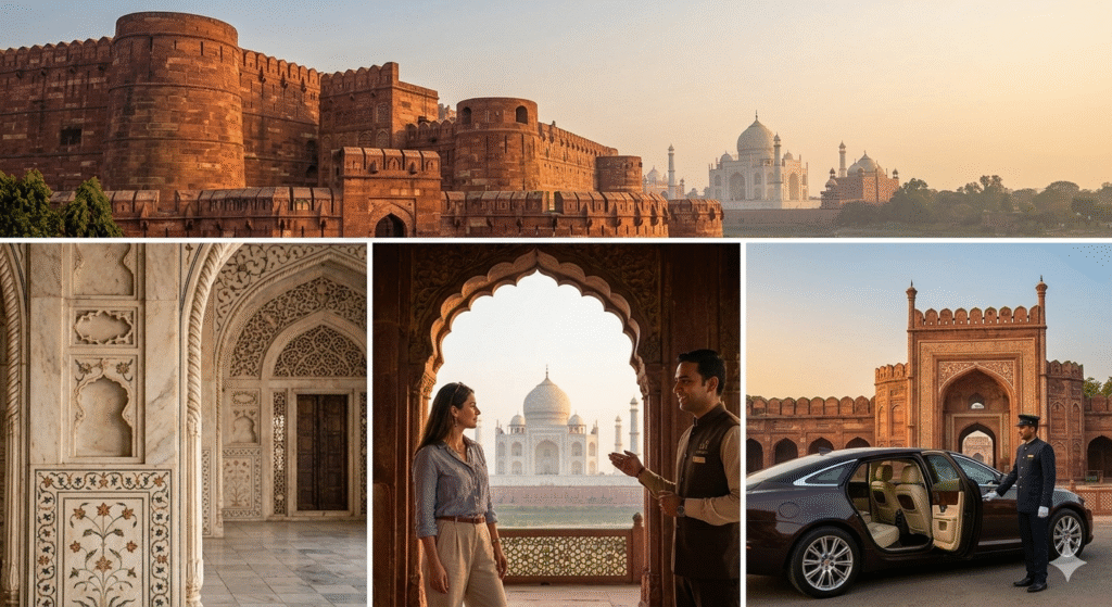 A detailed high-resolution photograph showcasing the intricate floral marble inlay work and delicate stone carvings of the Diwan-i-Khas interior, a key feature of the Red Fort Agra.