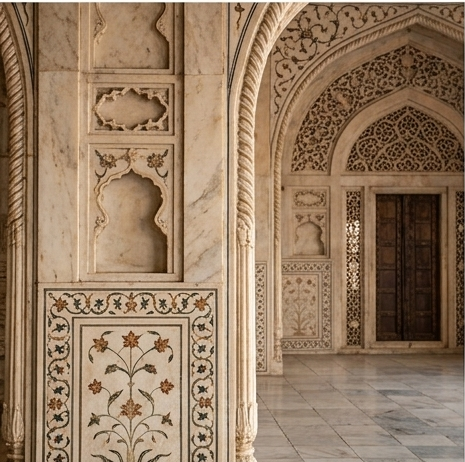 A detailed high-resolution photograph showcasing the intricate floral marble inlay work and delicate stone carvings of the Diwan-i-Khas interior, a key feature of the Red Fort Agra.