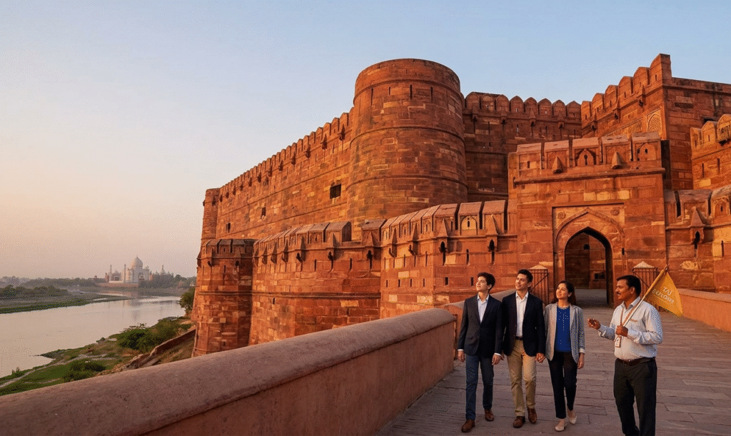 Agra Fort red sandstone walls at golden hour — luxury Agra city tour package with Taj Explorer