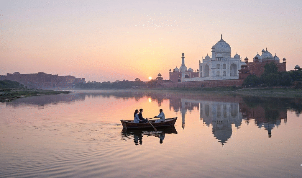 Taj Mahal sunrise view from Agra riverbank — premium Taj Mahal tour packages from Delhi