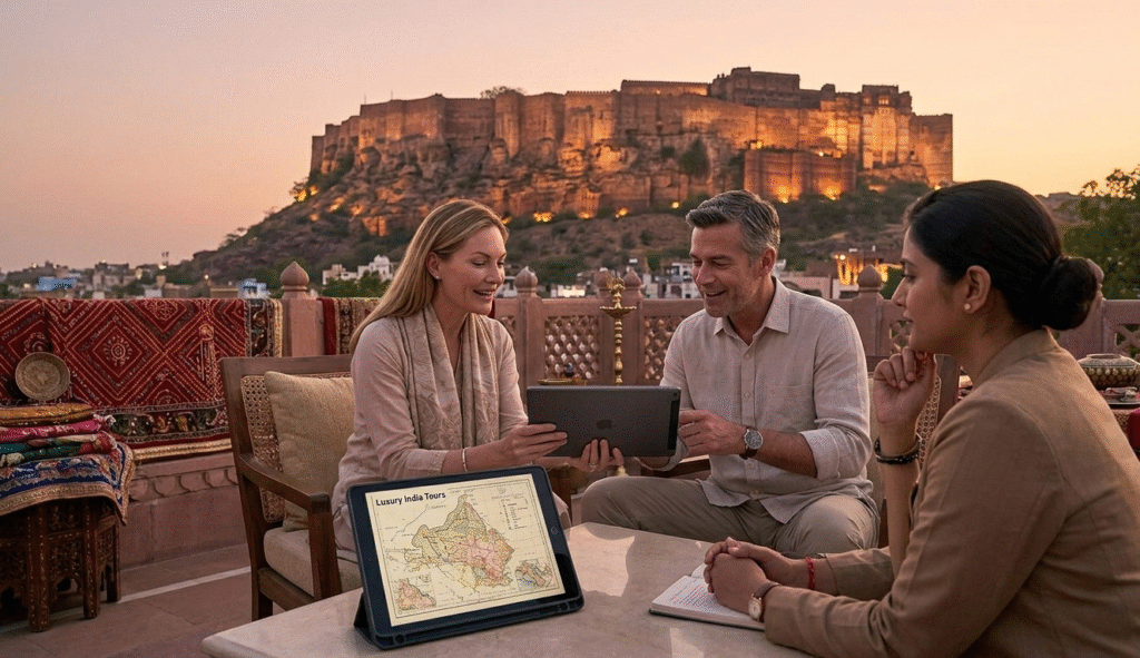 Travelers and a guide using a tablet to customize their unique Golden Triangle tour itinerary on a luxury palace rooftop.