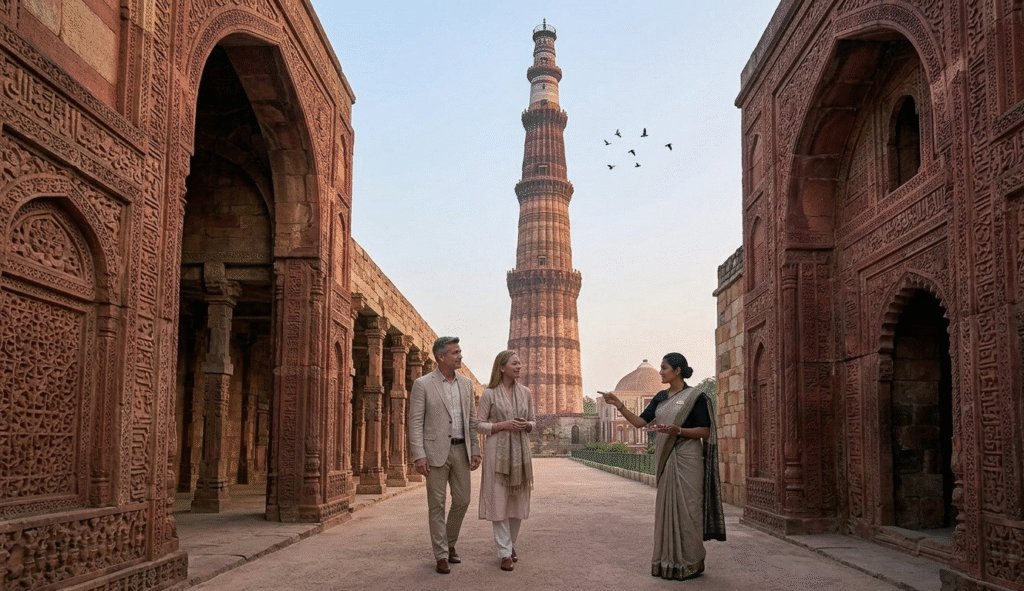 Private guided walking tour at the Qutub Minar, a key architectural stop in our Delhi tour packages and luxury India tours.